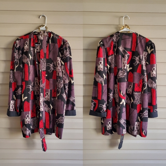 Vintage 80's 90's size 18 XL black red abstract long sleeve open jacket w/ belt - Picture 5 of 7